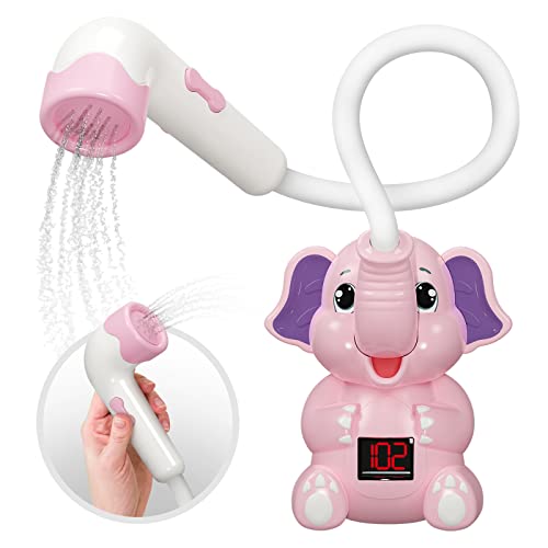 Image of YAWEVWAY Baby Bath Shower Head, Bath Toys with Shower Thermometer, Upgraded Electric Elephant Water Spray Toy for Best Bathtime Fun in The Bathtub for Newborns and Toddlers (Pink)