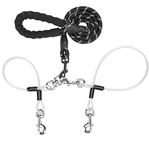 Double Dog Leash Chew Proof - No Tangle Reflective Steel Wire Heavy Duty Comfortable Shock Absorbing Bungee 2 Dog Walking Training Leashes for Small Medium Large Dogs