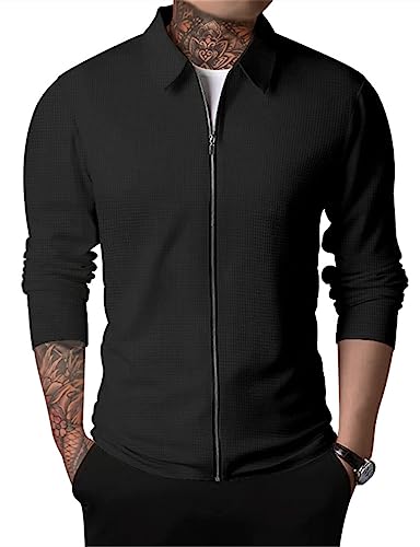 PICKLION Men Casual Lightweight Jackets Laydown Collar Zipper Closure Solid Color Long Sleeve Waffle Jackets2