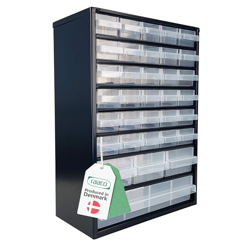 Raaco Casiers à Tiroirs C9-34, Cadre en Acier, 34 Tiroirs en Plastique, Charge 26 kg, 15 x 30,6 x 42 cm, Montable au Mur, pour Rangement Garage & Atelier,...
