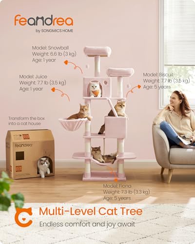 Image of Feandrea Cat Tree, 66.1-Inch Large Cat Tower, Multi-Level Plush Condo with 13 Scratching Posts, 2 Perches, 2 Caves, Basket, Hammock, Pompoms, Jelly Pink UPCT165P01