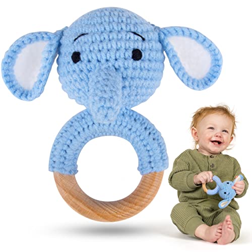 Image of Crochet Baby Rattle - Perfect Handmade Newborn and Infant Toy - Stuffed Animal Organic Rattle Sensory Toy for Early Development of Fine Motor Skills - Grasp, Shake, Grip (Elephant Rattle)
