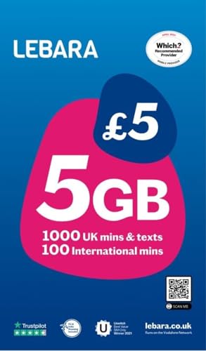Lebara UK Pay As You Go SIM - 5 GB, 1000 minuter & 100 internationella