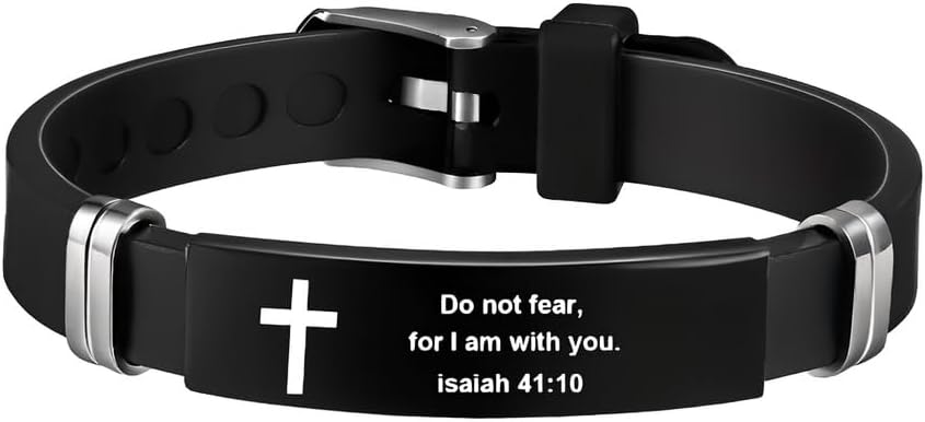 Christian Cross Bracelet with Proverbs 3:5, Phillipians 4:13, Matthew 19:26, Isaiah 41:10, Luke 1:37, Matthew 28:20 Scripture, Black Silicone Adjustable Watch Band, 9.05 inch Length