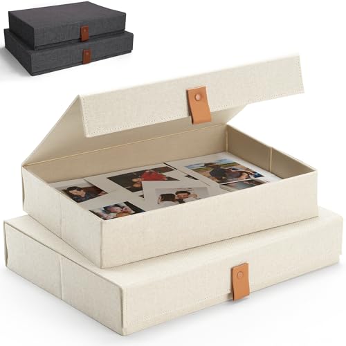 Decorative Photo Storage Boxes with Lids – Set of 2 Beautiful Linen Organizers Are Perfect to Safely Store Your Pictures, Documents, Scrapbooking Supplies, Keepsakes and Other Memories in Style