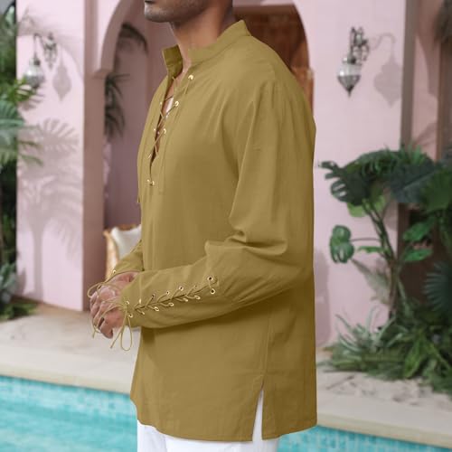 Image of CTU Men's Cotton Shirt Pirate Shirt Medieval Viking Renaissance Costume | V-Neck,Drawstring Collar,Linen Tunic,Ren Faire,Plus Size,Goth,Big and Tall,Halloween