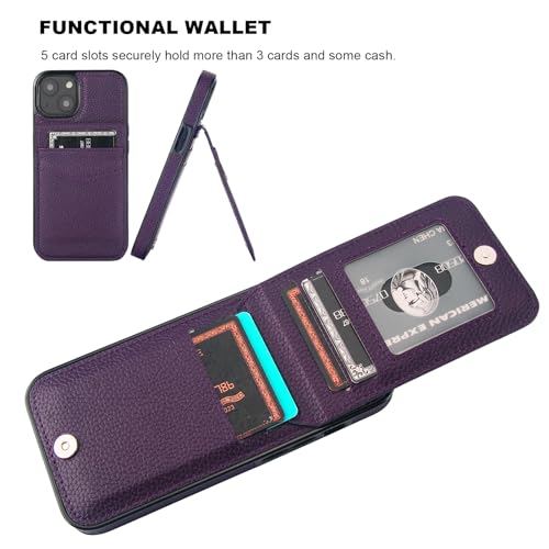 Image of KIHUWEY Compatible with iPhone 13 Case Wallet with Credit Card Holder, Premium Leather Magnetic Clasp Kickstand Heavy Duty Protective Cover for iPhone 13 6.1 inch (Lichee Dark Purple)