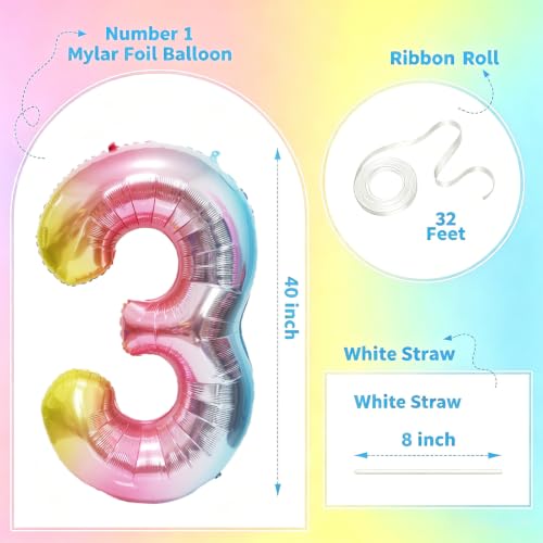 Image of Rainbow Number Balloons Birthday Balloons - Giant Number 3 Balloon 40 inch, Numbers Balloon Birthday Decorations, Rainbow Party Supplies for Baby Shower