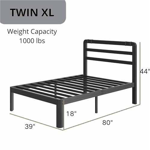 Image of ZIYOO 18 Inch Twin XL Black Metal Bed Frame with Headboard, 1500LBS Reinforced Platform Bed, Noise Free Steel Slat Support, No Box Spring Needed, Easy Assembly, Perfect for Bedroom Guest Room Hotel