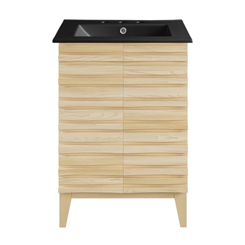 Image of Swiss Madison Cascade 24 in. Natural Oak Bathroom Vanity with Black, 3-Hole Ceramic Sink Top