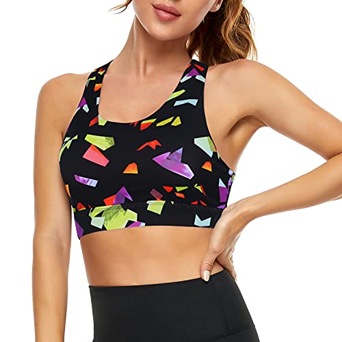 Image of Sports Bras for Women High Impact Support for Yoga Gym Running Workout Fitness Strappy Sports Bra with Padded Removable Cups, Colorful Geometry, Small