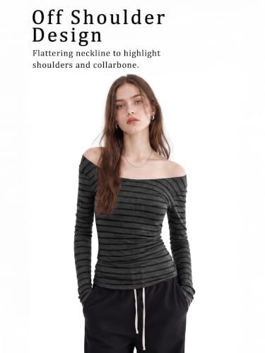 Image of Women Off Shoulder Striped Long Sleeve Top 2026 Fall Going Out Tee Shirts
