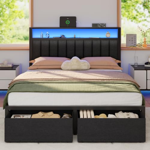 Image of Furnulem Queen Bed Frame with Storage Drawers and Upholstered Headboard