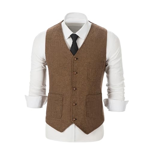 SOLOVEDRESS Mens Vintage Tweed Suit Vest V Neck Casual Wool Waistcoat for Wedding Groomsmen3