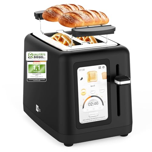 aeco toastlab Elite Toaster 2 Scheiben, Brötchenaufsatz, extra breite Toastschlitze, 6 Bräunungsstufen, 10 Programme, 850W, 5' LCD Display mit Restzeitanzeige, Liftfunktion, Auftaufunktion, Krümelfach