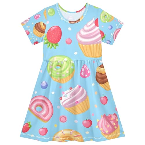 OREZI Girls' Summer Dress Short Sleeve Sweet Cupcakse Donuts Casual Dress Princess Dresses