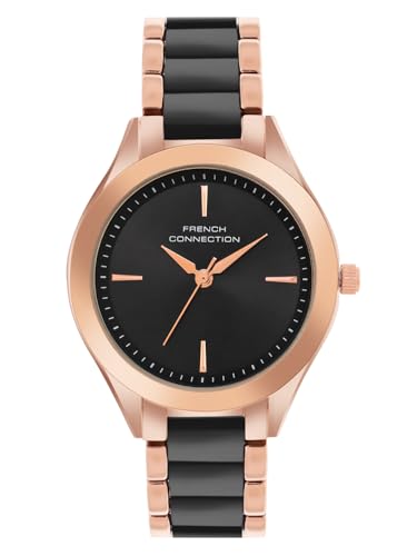French Connection 3 Hands Black Round Dial Stainless Steel & Acrylic Strap Casual Premium Sunray Feature Wrist Watch for Women - FCB9BM