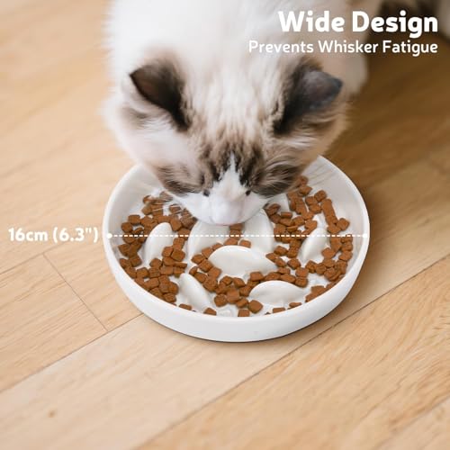 GUWINA Keramik Anti Schling Napf Katze, 16 cm Breite Antischlingnapf Katze für Trockenfutter und Nassfutter, Flache Slow Feeder für Katzen und Kleine Hunde, Spülmaschinenfest (Weiß)