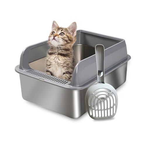 Stainless Steel High Sided Cat Litter Box with Lid - Easy Cleanin...