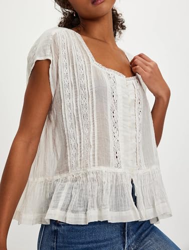 Women’s Tie Front Ruffle Boho Tops Flowy Sheer Short Sleeve Lace Blouse Y2k Embroidered Babydoll Button Down Shirts2