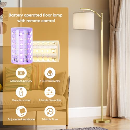 Image of Battery Operated Floor Lamp, RGB Dimmable Cordless Standing Lamp with Remote Control for Living Room, Tall Floor Lamp for Bedroom -Gold