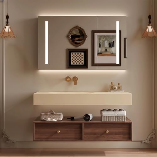 Modern Wall Mounted Floating Bathroom Vanity with Integrated Ceramic Sink, No Assembly Required, Hanging LED Intelligent Lighted Sensor and Demisting Mirror, Cabinet Spaces, 3 Soft Close Drawers