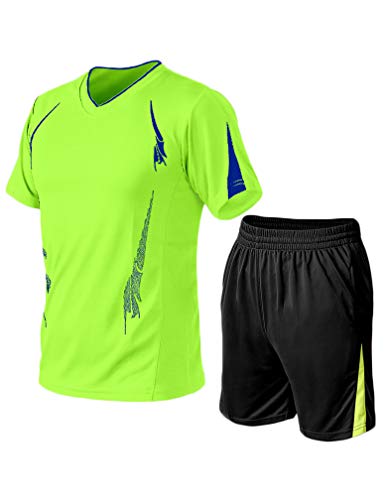 Lavnis Men's Casual Tracksuit Short Sleeve Running Jogging Athletic Sports T-Shirts and Shorts Suit Set Green L