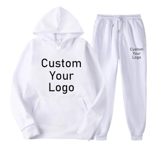 YUANOU Hommes Femmes Imprimés Cadeaux Personnalisés Sweats À Capuche et Pantalons, Votre Conception Photo/Logo/Texte Personnalisés Sweat-Shirt et Pantalons Ensembles White,XL
