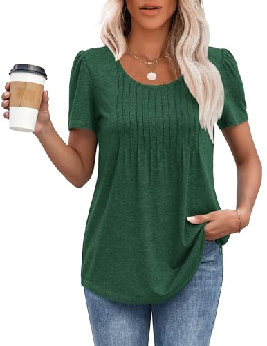 MOLERANI T Shirts for Women UK Round Neck Loose Casual Puff Short Sleeve Summer Tee Tops Front Pleated T Shirt Green L