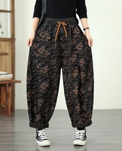 LAI MENG FIVE CATS Women's Vintage Harem Baggy Jeans Drawstring Elastic High Waist Barrel Denim Loose Pants2