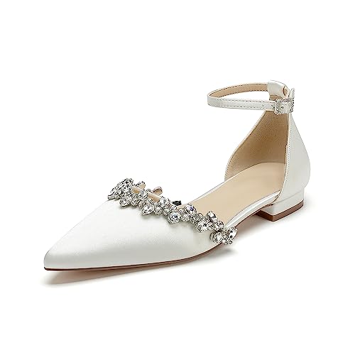 Pointed Toe Satin Wedding Flats for Bride Comfortable Rhinestones White Wedding Shoes Low Heels Bridal Flats Evening Prom Party Dress Shoes Pumps for Women