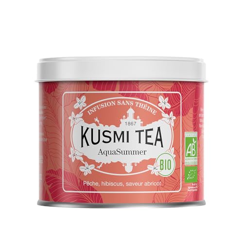 Kusmi Tea - AquaSummer - Infusion Bio - Mélange d'Hibiscus et de Fruit Saveur Pêche et Abricot - À Déguster Chaud ou en Thé Glacé - Infusion sans Théine - Boîte Thé Métal 100g pour environ 50 Tasses