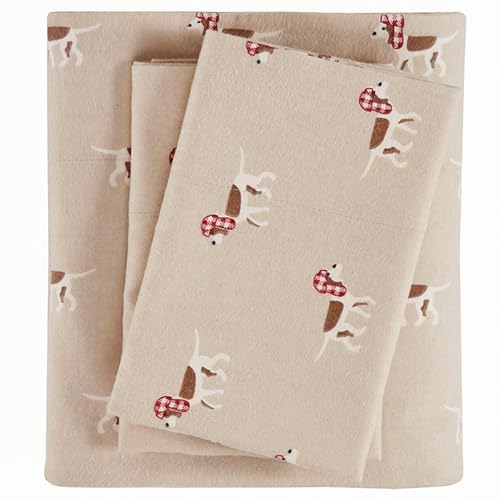 Image of Woolrich Cotton Sheet Set Cottage Charms Print, 100% Cotton Flannel Sheets Warm & Fuzzy Bedding Set King Size Sheets, Fitted Pocket Fits Up to 14 inch Mattress, King Tan Dog, 4 Piece