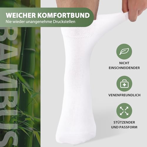 Niorasen Bambus Diabetikersocken, 6 Paar Diabetiker Socken ohne Gummibund & ohne Naht, Bambussocken Gesundheitssocken mit Komfortbund für Herren & Damen, Weiß 39-42 2