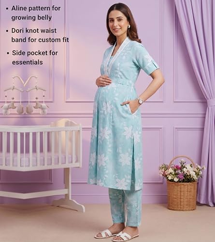 Image of DUMMY SHAPE Maternity Dresses for Women Cotton | Floral Kurta Pant Dupatta Set with Nursing Zippers, Side Pocket | Pre & Post Pregnancy | Feeding Kurti Suit | Baby Shower | Gifts for Pregnant Woman