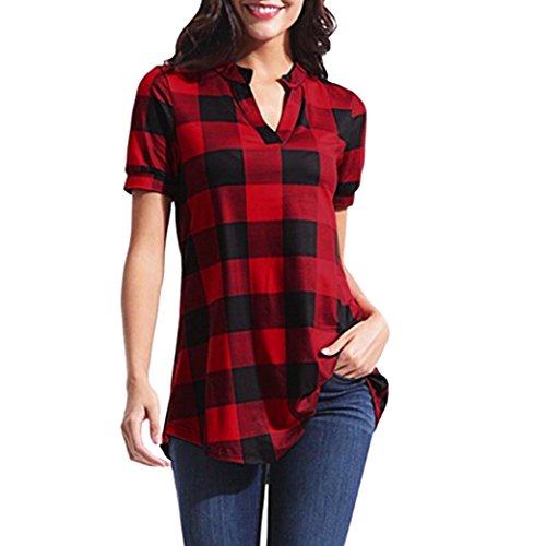 Camisa a Cuadros roja y Negra Mujer,Covermason Las Mujeres Casual Plaid Impreso de Manga Corta con Cuello en v Irregular Dobladillo Blusa Camiseta Tops(M, Rojo)