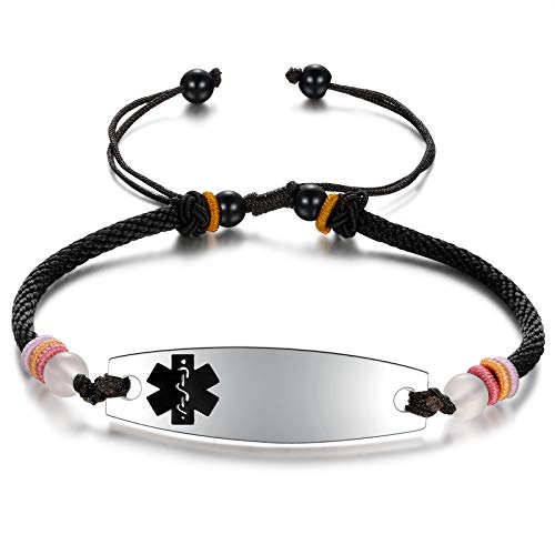 JF.JEWELRY Custom Engraved Medical Alert Id Bracelet for Women Personalized Handmade Braided Beaded Women's Medical Alert Bracelet Free Engraving, Adjustable (Black 1)