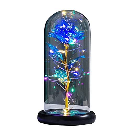B-TOPAZ バラ 造花 インテリア 薔薇 雑貨 ローズ LED ライト イルミネーション オブジェ ガラスドーム 光るバラ 置物 アレンジブーケ インテリアライト バラの花 ガラスドーム 卓上 枯れない花 結婚式 お祝い ブルー