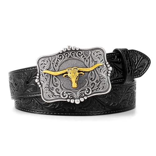 Image of Cowboy Cowgirl Belt Western Belts for Men Women Floral Engraved Longhorn Bull Buckle Belt for Jeans
