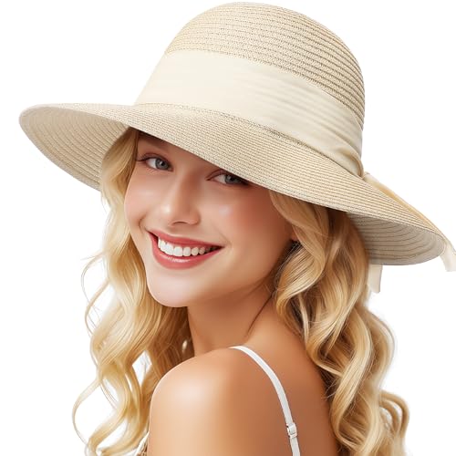 Image of Beach Hats for Women, Sun Straw Hat for Women, UPF 50+ UV Sun Protection Sun Hat Womens, Foldable Floppy Sun Hat