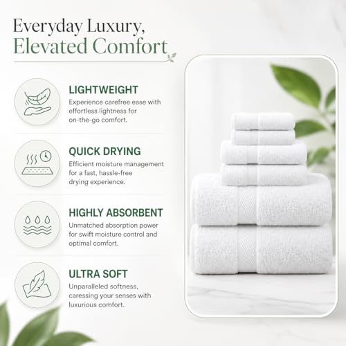 Image of Sulfar 100% Combed Cotton, 6 Pcs Towel Set - 2 Bath Towels (70 x 140 cm), 2 Hand Towels (40 x 70 cm) and 2 Face (30 x 30 cm) (600 GSM, Pack of 6) White