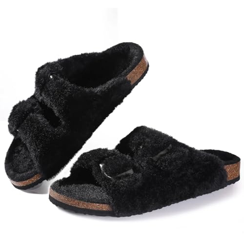 DASJKDI Fuzzy Slippers Women Cork Footbed Fluffy Slide Sandals Open Toe Indoor House Shoes With Arch Support Adjustable Buckle(Black,40)