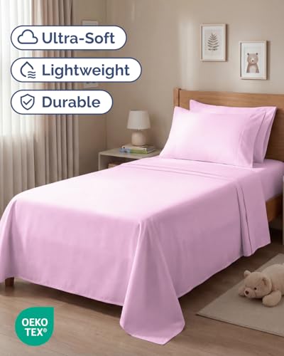 Image of Twin 4 Piece Bed Sheet Set - Soft, Breathable & Cooling Sheets - Light Pink | Ultra Soft Hotel Luxury Bedding Set with 8-16 Inch Deep Pockets, 1 Flat & 1 Fitted Sheet & 2 Pillowcases, Wrinkle & Fade Free