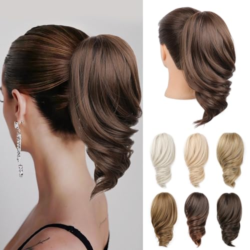 REECHO Ponytail Extension - 12" Short Claw Clip in Ponytail Hair Extension Wavy Clip in Ponytail Natural Soft Synthetic Pony Tail Hair Pieces for Women (Medium Brown)