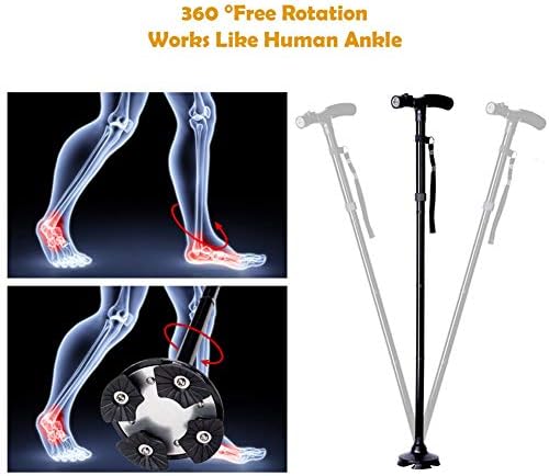 Folding Cane with Led Light, Adjustable Canes and Walking Sticks for Men and Women, Walking Cane Stick for Elderly with Cushion T Handle and Pivoting Quad Base