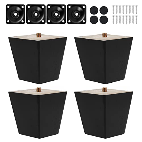 Knpwer 4 Stück 6cm Möbelfüße Holz Möbelbeine, Massivholz Beine Aus Eiche für Stühle Schrank Sofa Bett Couch, mit Montageplatten, Schrauben und Filzgleiter (Gerader Fuß)