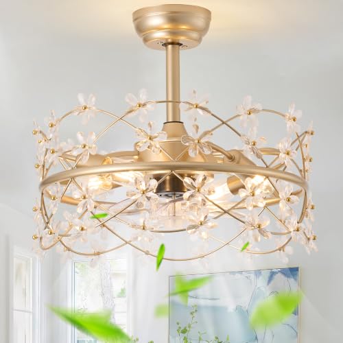 Image of 20 inch Gold Fandelier Ceiling Fans with Lights, Flower Chandelier Ceiling Fan