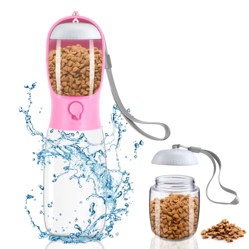 MorFez 2in1 Dog Water Bottle, Portable Pet Water Bottle for Dogs, Leak Proof Dog Travel Water Bottle Dispenser with Food Container for Walks, Travel, Hikes, Outdoor – Pet Gift (19oz Pink)