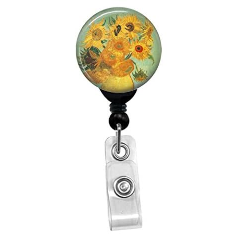 Vincent Van Gogh - Sunflowers -Retractable Badge Reel - ID Name Tag Custom Badge Holder (Black Badge Reel with Spring Pinch Clip) Cover