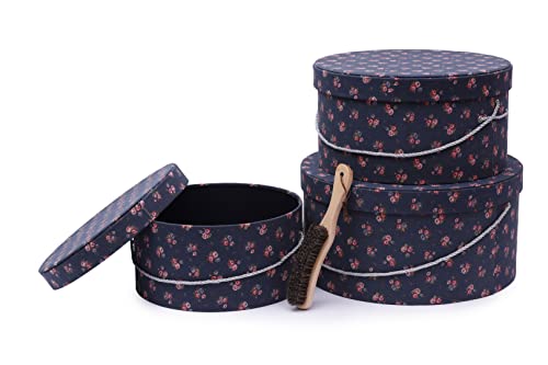 Sleeparakeet Hat Box100% Handmade Super Large 3-Piece Round Canvas Fabric Lining Fabric Hat Box Set With Formed Lid, Brush inside, Floral Pattern (Blue Denim Flower)